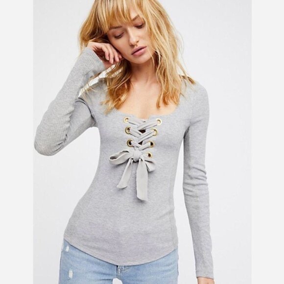 Free People, Looking Back Lace-Up Long Sleeve Top, Gray, Sz S - Picture 1 of 12